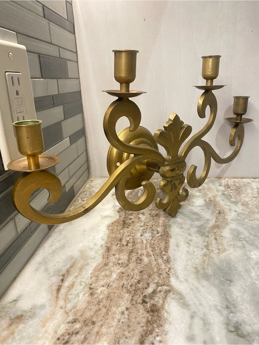 VTG Solid Brass Fleur De Lis 4-Arm Wall Sconce Candelabra